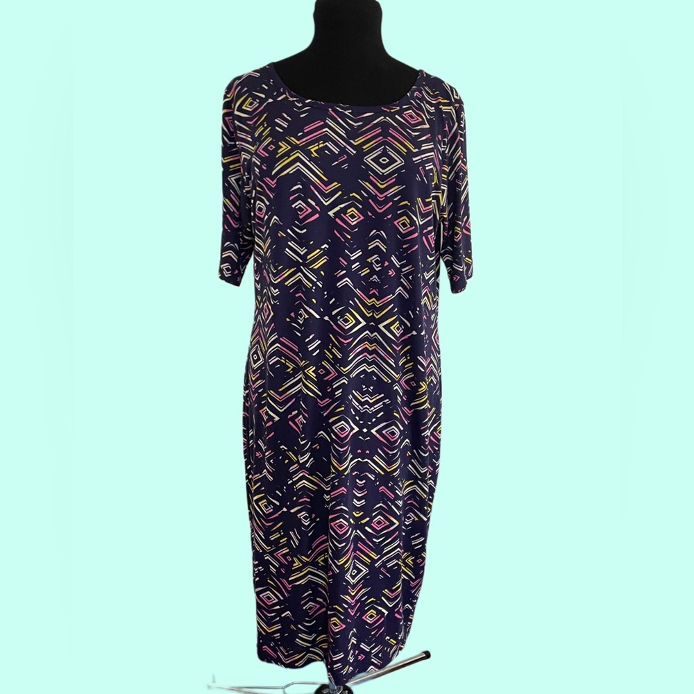 Colorful Lu La Roe Julia Midi Julia Dress Navy with Yellow and Pink